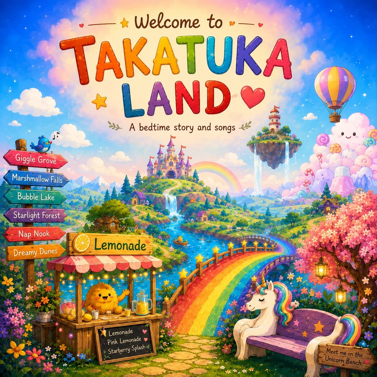 The painted cover of Takatuka Land: a rainbow bridge over a river, with a lemonade stand beside it